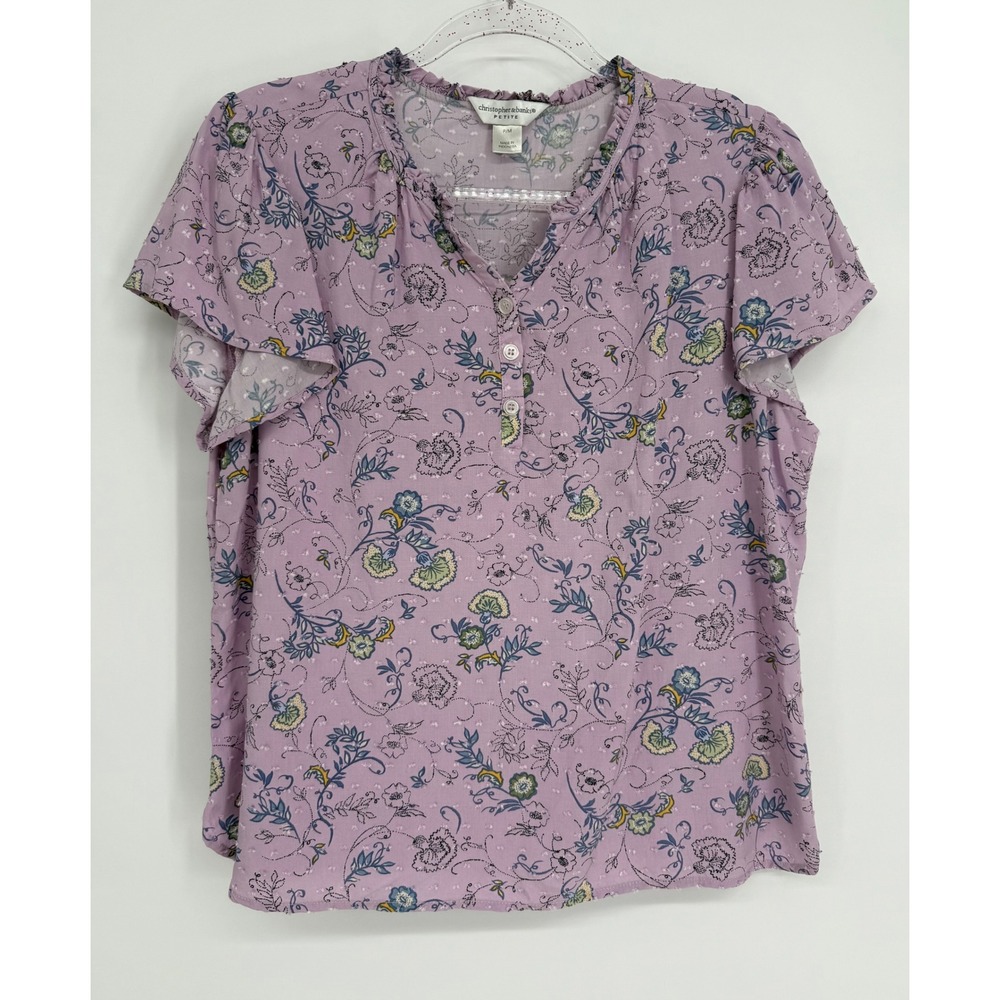 Christopher & Banks Petite Lavender Floral Ruffle Neck Flutter Sleeve Top Sz M